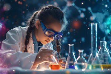 A young girl with protective goggles focused on a science experiment, symbolizing the growth of women's participation in STEM - obrazy, fototapety, plakaty