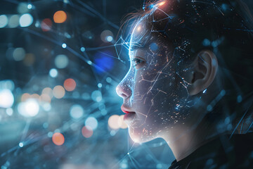 Closeup of a female face, futuristic digital cyber technology, facial recognition patterns, biometrics concept, iris recognition.