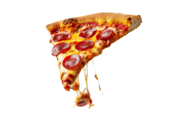 slice of pepperoni pizza dripping with melting cheese, on transparent background