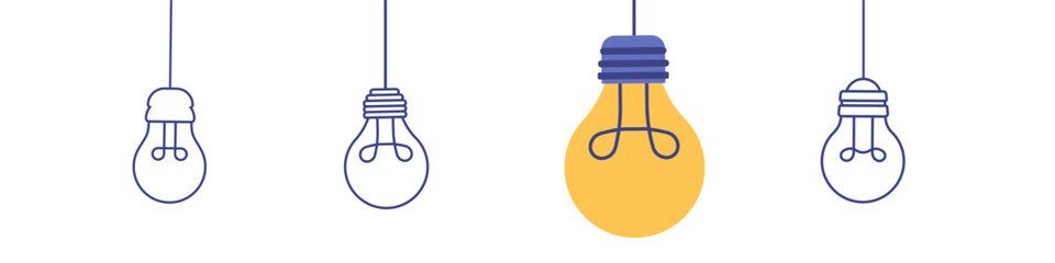 Hanging light bulbs with one glowing. Creative idea concept