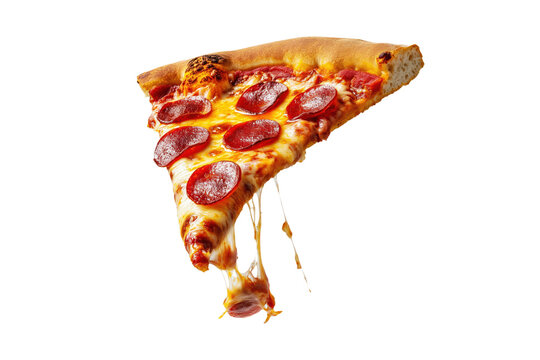 slice of pepperoni pizza dripping with melting cheese, on transparent background