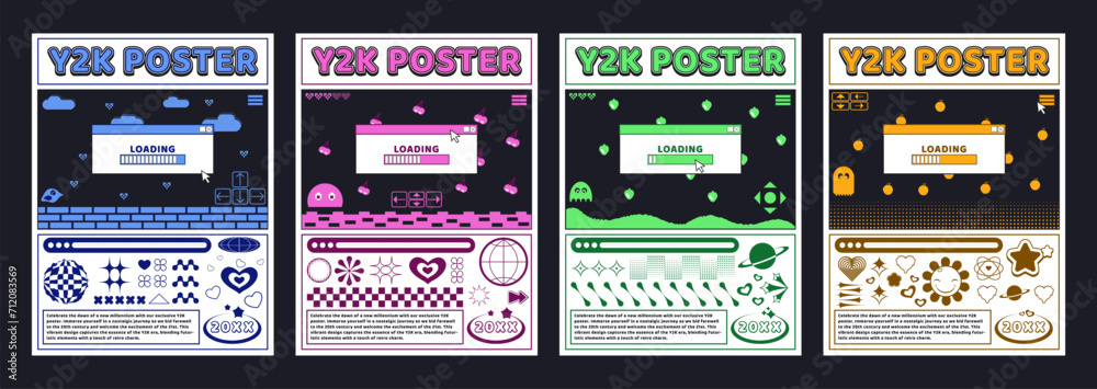 Poster y2k retro style poster design template with old computer video game and loading dialogue window. vec