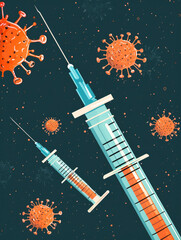 Vector style illustration showing hypodermic needles and floating viruses promoting vaccination and immunization - obrazy, fototapety, plakaty