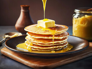 A delicious plate of buttermilk pancakes covered in butter and buttermilk syrup sitting on a table. Ready for a yummy breakfast