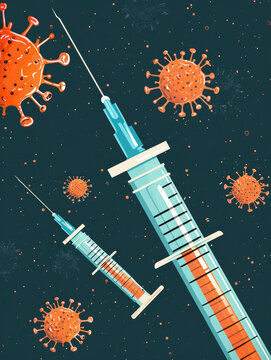 Vector style illustration showing hypodermic needles and floating viruses promoting vaccination and immunization