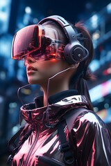 Cyberpunk woman with goggles on a city street pictured from the side