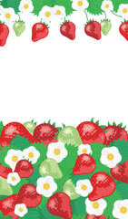 いちごやイチゴの花や苺の葉が描かれたコピースペースのある背景フレームの春素材_白背景