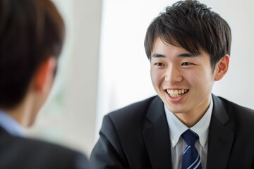 笑顔で同僚と談笑する会社員の日本人男性の会社員（商談・会議・ランチ・ビジネスマン）