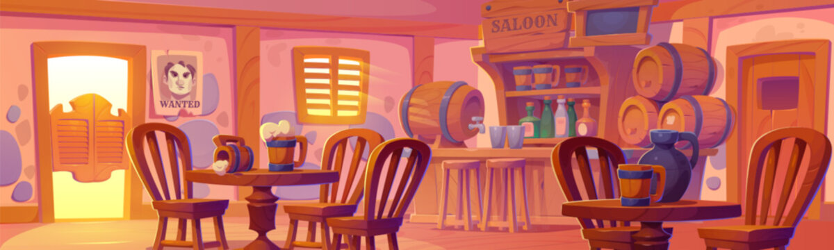 Western saloon interior design. Vector cartoon illustration of retro style bar with door and window, old wooden counter, alcohol bottles on shelf, beer mugs on tables, wanted criminal poster on wall