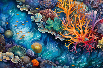 Obraz premium Nature, marine life, art, animals, graphic resources concept. Colorful sea life gouache or oil painting background illustration with copy space