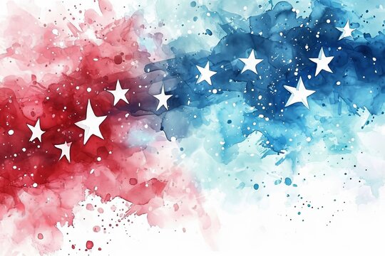 Watercolor splashes in red and blue colors with stars. USA national holiday concept background