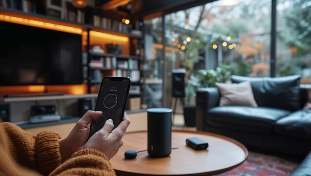 girl using a smartphone and controls smart speaker, smart device concept
