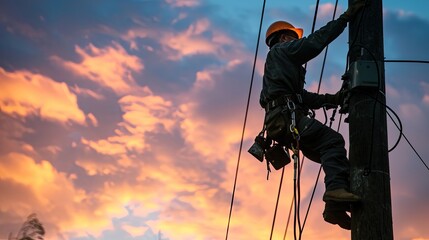 Electrical worker working on a power pole
