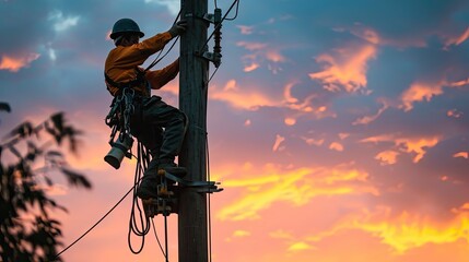 Obraz premium Electrical worker working on a power pole