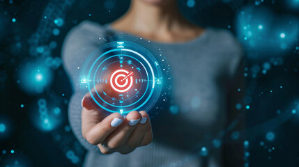 Image of a businesswomen show year goals target icon in hand, management development and digital marketing, banking, Investment financial, Good human development - Powered by Adobe