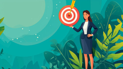 Illustration of a businesswomen show year goals target icon in hand, management development and digital marketing, banking, Investment financial, Good human development