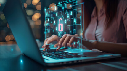 Woman using a laptops computer show a Privacy Lock icon on virtual screen interfaces