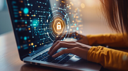 Woman using a laptops computer show a Privacy Lock icon on virtual screen interfaces