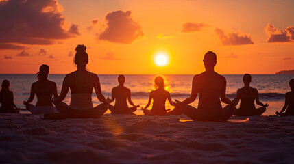 yoga retreat on the beach at sunset, silhouettes of group of people meditating