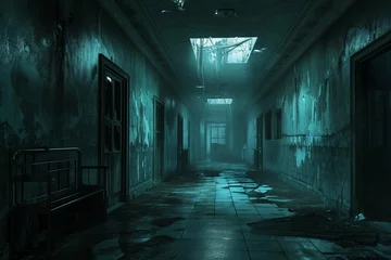 Fotobehang Oude deur Halloween concept, scary abandoned hospital