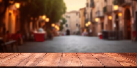 Fototapeta na wymiar The empty wooden table top with blur background of Rome street. Exuberant image. generative AI