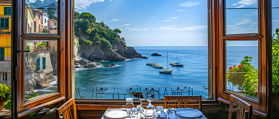 View through an open window of restaurant on the ocean front hilltop, Italy, along the Amalfi Coast