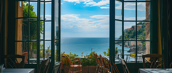 View through an open window of hotel  on the ocean front hilltop, Italy, along the Coast