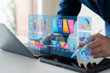 Businessman use laptop and tablet analyzing company growth, future business growth arrow graph,...