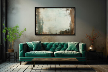 Envision a tranquil space adorned with a green sofa and a matching table, set against an empty blank frame, creating a perfect canvas for your text.