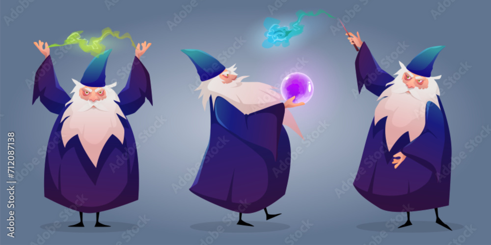 Poster old wizard character working magic isolated on background. vector cartoon illustration of senior man - Posters