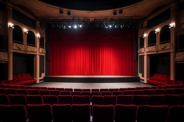 old theater stage and red curtain - obrazy, fototapety, plakaty