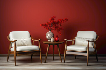 Picture a serene setting with two chairs in brown, white, and red colors against a blank wall, featuring an empty frame ready for your personal touch. 
