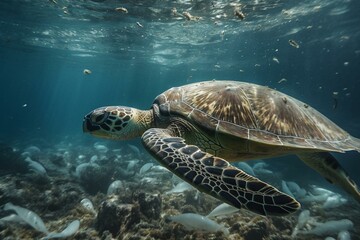 A sea turtle swimming amidst plastic waste. Generative AI