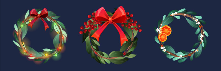 Decorative Christmas door wreath design. Cartoon vector illustration set of natural round holiday frames made of green plant twig with leaves, red berries and ribbon bows. Circle festive garland.
