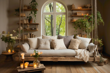 Step into a peaceful scene featuring a beige couch paired with a whimsical swing. 