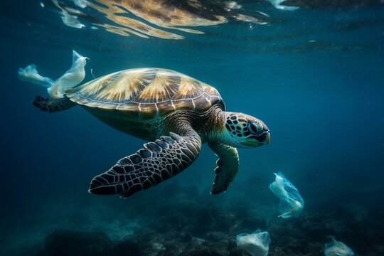 A sea turtle swimming amidst plastic waste. Generative AI