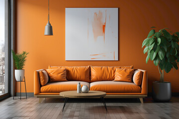 Visualize a warm and cozy living room with an orange sofa and a suitable table, framed by an empty blank canvas ideal for custom text.
