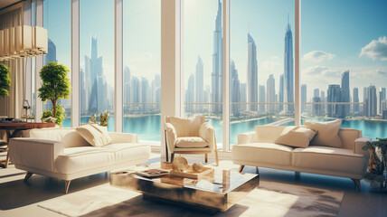 A high-rise luxury apartment in Dubai gleaming in the sun light - obrazy, fototapety, plakaty