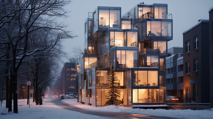 A compact modern apartment building in Stockholm during winter residential