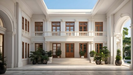 Fototapeta na wymiar fusion of elegance heritage colonial style fusion into modern architecture drawing in three level floor hall building, beautiful facade, minimalism, front view. generative AI