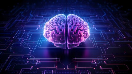 Cognitive Circuitry, Human Brain and Technology Fusion. Artificial Intelligence and Neurology Concept. Futuristic Digital Technology. Neon Glow Violet and Dark Blue Banner. AI Generated.