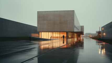 A minimalist artistic concrete art museum in Berlin on a rain