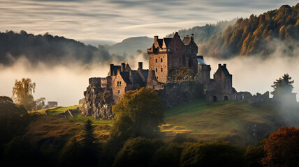 A medieval castle restoration in Scotland on a foggy building - obrazy, fototapety, plakaty