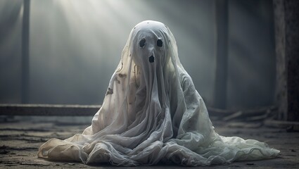 In the eerie stillness of a post-apocalyptic world, a spectral plush ghost floats, its translucent form merging with the desolate surroundings. 