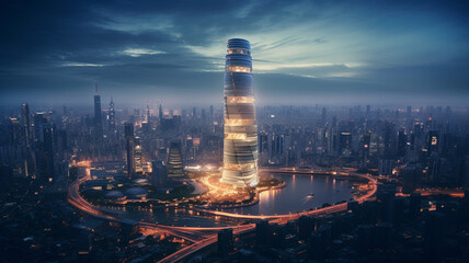 Fototapeta premium A modern skyscraper cylindrical office tower in Shanghai lit up
