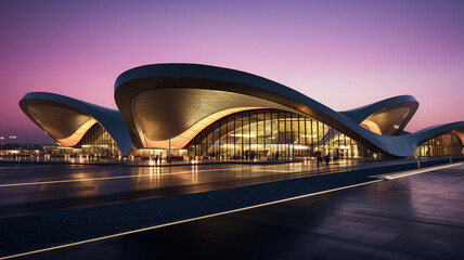 A sleek space-age airport terminal in Doha bustling - obrazy, fototapety, plakaty