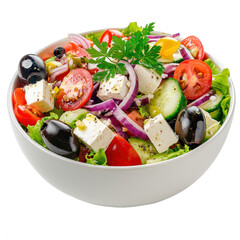Delicious Greek salad in a white bowl, transparent or isolated on white background