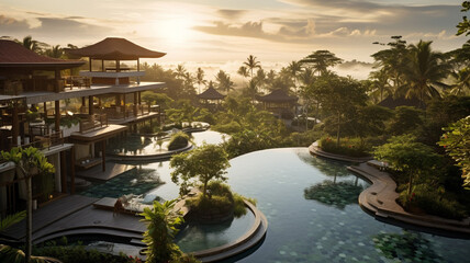 A sprawling luxury spa resort in Bali tranquil in summer - obrazy, fototapety, plakaty