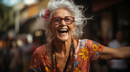 An elderly couple enjoying a dance, the woman laughing and the man smiling gently, in a cozy ambiance with soft lighting.