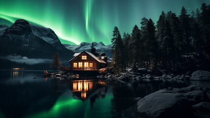 A traditional wooden lodge in the Norwegian fjords - obrazy, fototapety, plakaty